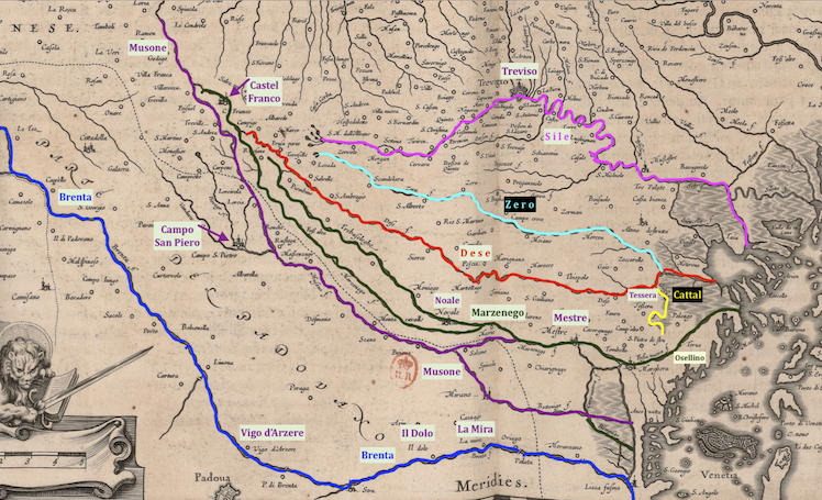 Fiumi sfocianti in laguna: Brenta, Musone/Botenigo, Marzenego – Oselino, Dese/Zero, il Sile. (Da J. Blaeu 1640)