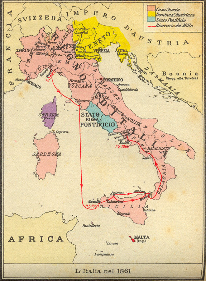 Il percorso dei Mille garibaldini in una cartografia dell'epoca