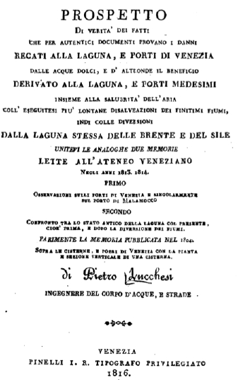 Frontespizio dell'opera del Lucchesi sempre in tema di idraulica lagunare