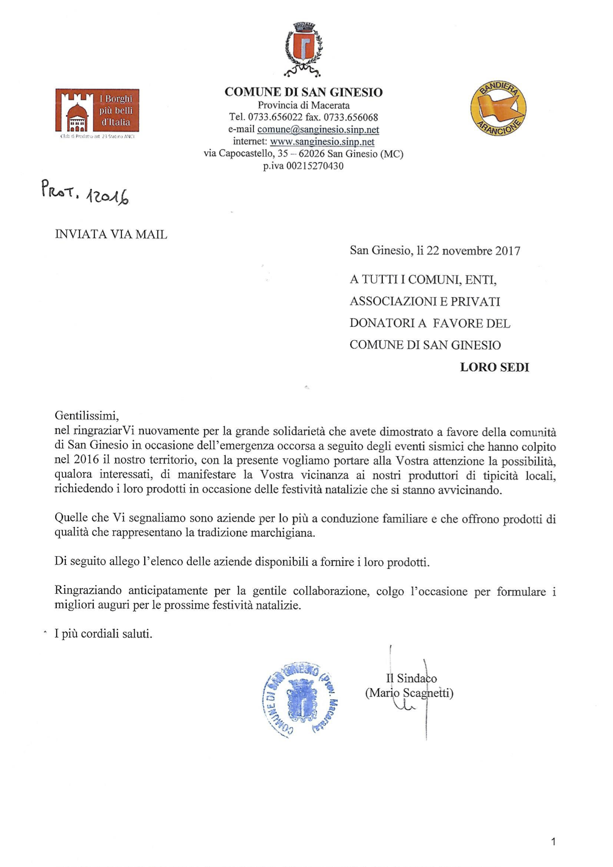 Lettera del sindaco di San Ginesio