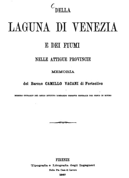 Frontespizio della sinossi del Vacani sulle evoluzione delle questioni idrauliche lagunari