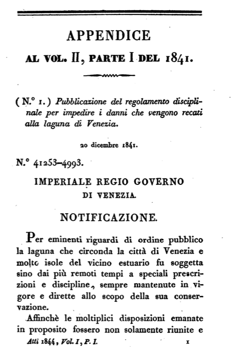 Frontespizio della pubblicazione del primo regolamento di polizia lagunare da parte dell'Amministrazione austriaca